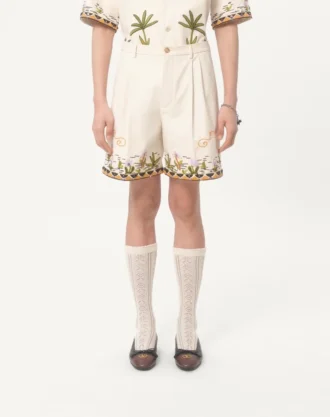Pantaloni scurți din bumbac cu broderie florală și ornamente jacquard