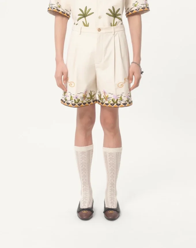 Pantaloni scurți din bumbac cu broderie florală și ornamente jacquard
