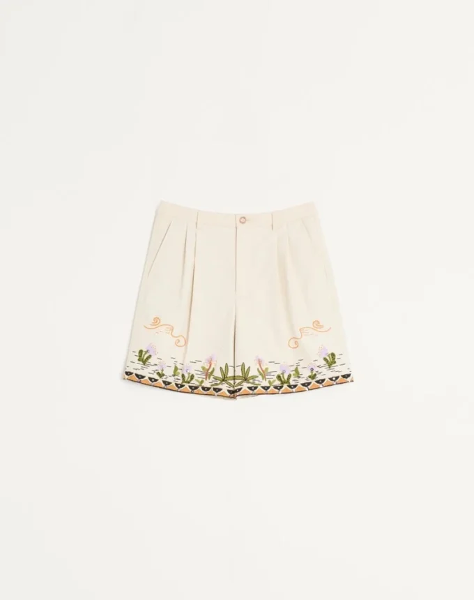 Pantaloni scurți din bumbac cu broderie florală și ornamente jacquard