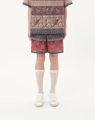 Pantaloni scurți din muselină de bumbac cu imprimeu Voyage Imaginaire și bordură din pasmanterie Pantaloni scurți din muselină de bumbac cu imprimeu Voyage Imaginaire și bordură din pasmanterie