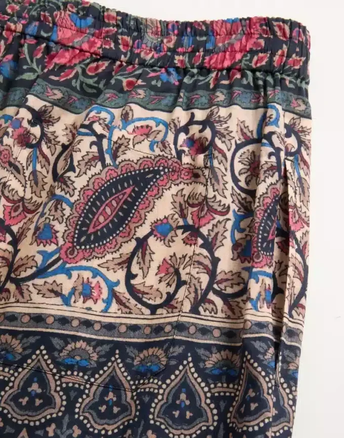 Pantaloni scurți din muselină de bumbac cu imprimeu Voyage Imaginaire și bordură din pasmanterie