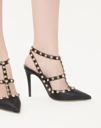 Pantofi cu baretă la gleznă din piele granulată Rockstud 100 mm Pantofi cu baretă la gleznă din piele granulată Rockstud 100 mm