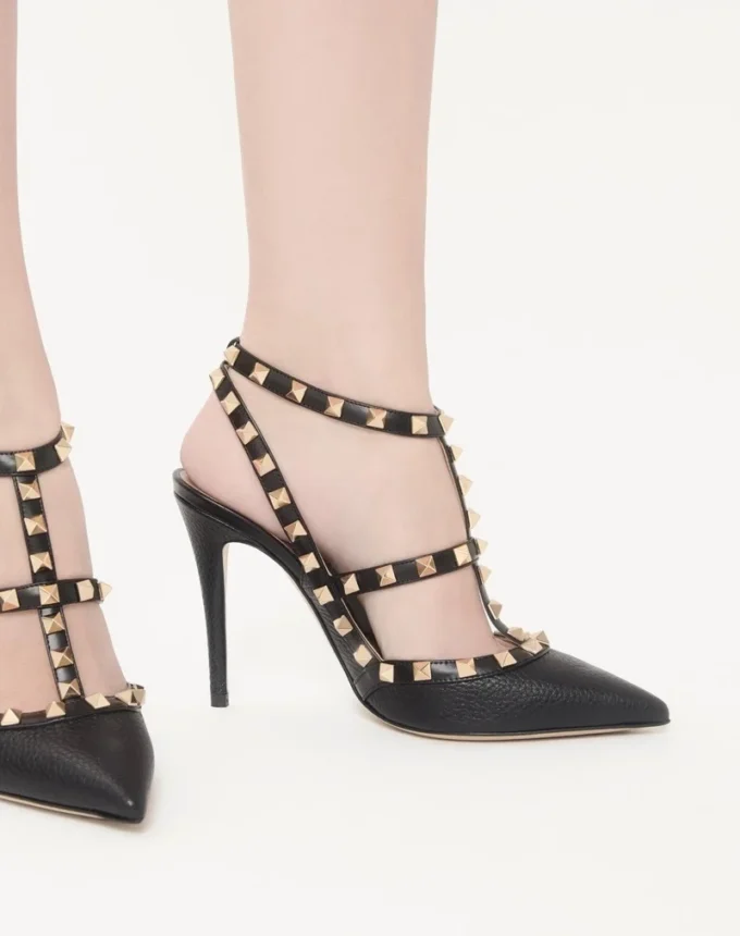 Pantofi cu baretă la gleznă din piele granulată Rockstud 100 mm Pantofi cu baretă la gleznă din piele granulată Rockstud 100 mm