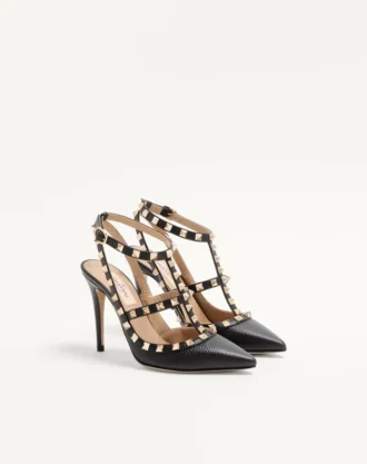 Pantofi cu baretă la gleznă din piele granulată Rockstud 100 mm Pantofi cu baretă la gleznă din piele granulată Rockstud 100 mm