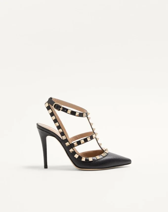 Pantofi cu baretă la gleznă din piele granulată Rockstud 100 mm Pantofi cu baretă la gleznă din piele granulată Rockstud 100 mm