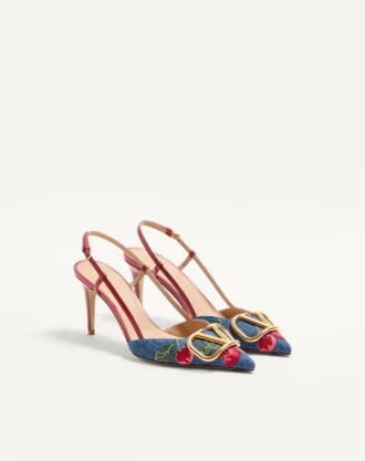 Pantofi cu baretă în spate Vlogo Signature din denim cu broderie Cherryfic 80 mm Pantofi cu baretă în spate Vlogo Signature din denim cu broderie Cherryfic 80 mm