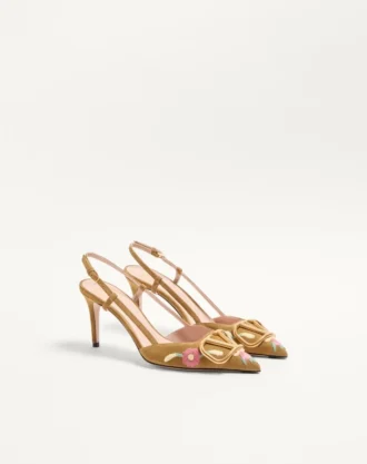 Pantofi cu baretă VLogo Signature din piele crustată cu broderie florală 80 mm Pantofi cu baretă VLogo Signature din piele crustată cu broderie florală 80 mm