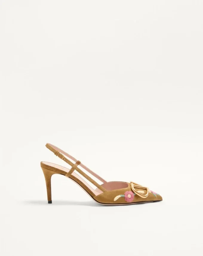 Pantofi cu baretă VLogo Signature din piele crustată cu broderie florală 80 mm