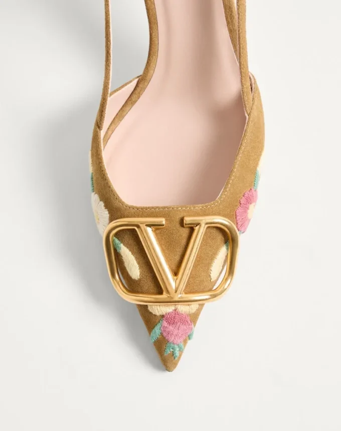 Pantofi cu baretă VLogo Signature din piele crustată cu broderie florală 80 mm
