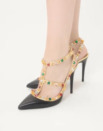 Pantofi cu toc din piele de vițel Rockstud cu cabochon și cristale de 100 mm Pantofi cu toc din piele de vițel Rockstud cu cabochon și cristale de 100 mm