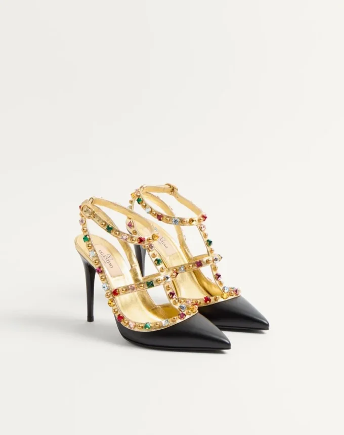 Pantofi cu toc din piele de vițel Rockstud cu cabochon și cristale de 100 mm Pantofi cu toc din piele de vițel Rockstud cu cabochon și cristale de 100 mm