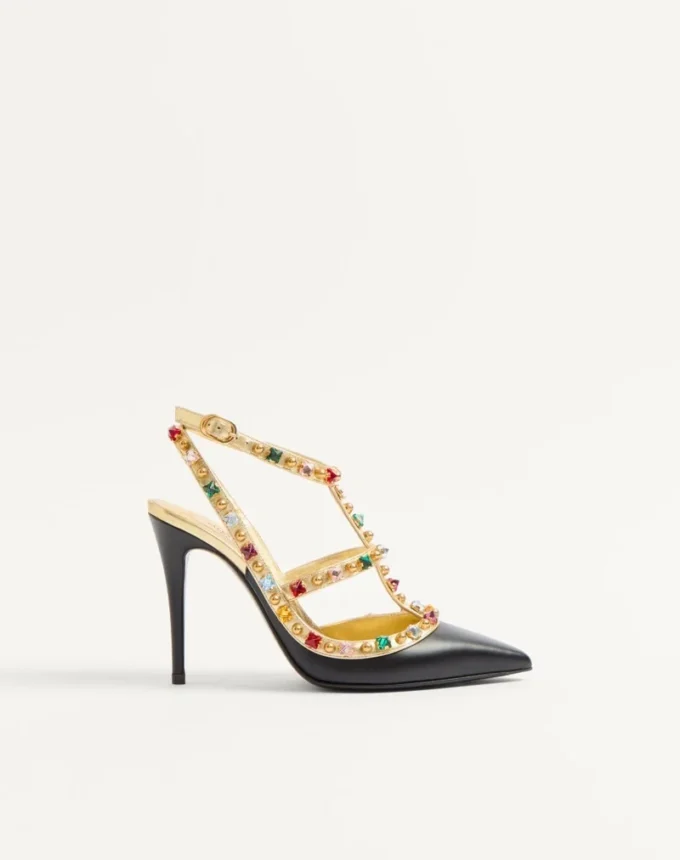 Pantofi cu toc din piele de vițel Rockstud cu cabochon și cristale de 100 mm Pantofi cu toc din piele de vițel Rockstud cu cabochon și cristale de 100 mm
