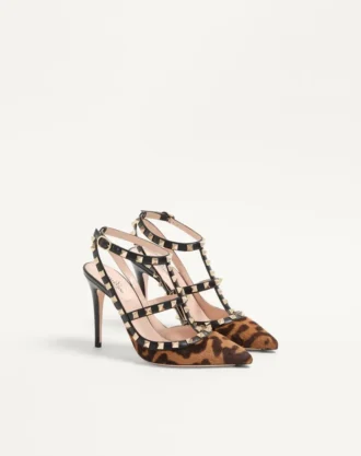 Pantofi cu toc Rockstud cu curele din piele de vițel cu efect de ponei 100 mm