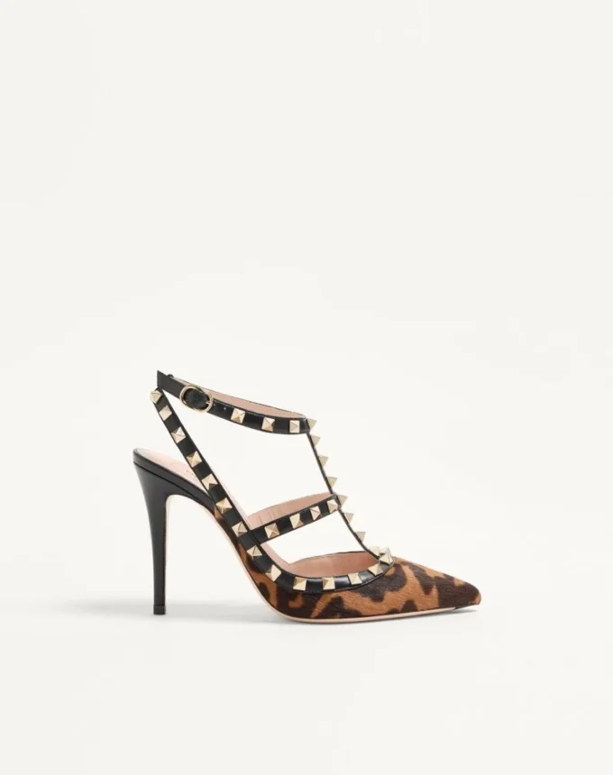 Pantofi cu toc Rockstud cu curele din piele de vițel cu efect de ponei 100 mm Pantofi cu toc Rockstud cu curele din piele de vițel cu efect de ponei 100 mm