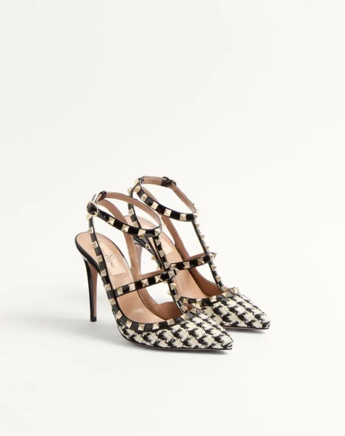 Pantofi cu toc Rockstud din țesătură Pied-De-Poule 100 mm