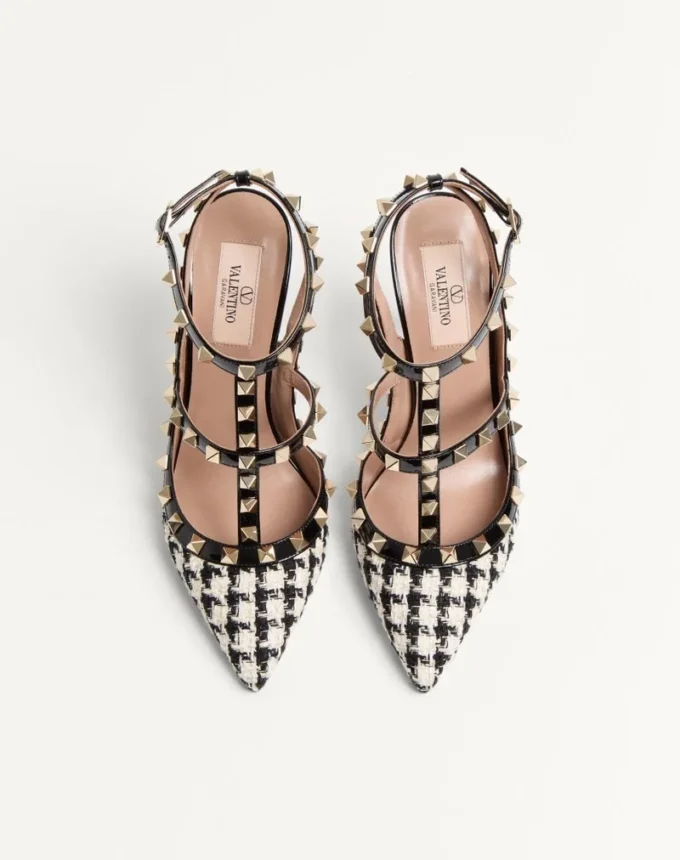 Pantofi cu toc Rockstud din țesătură Pied-De-Poule 100 mm