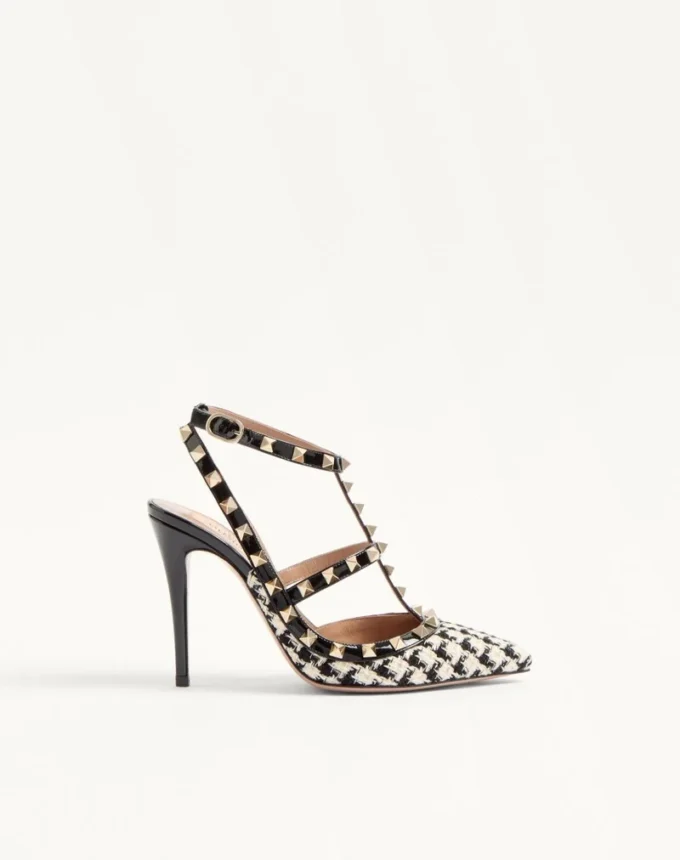 Pantofi cu toc Rockstud din țesătură Pied-De-Poule 100 mm