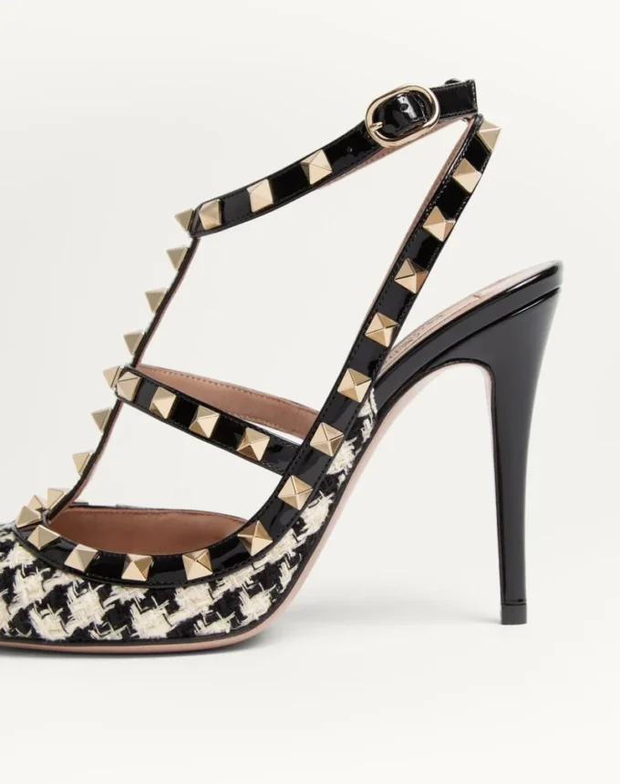 Pantofi cu toc Rockstud din țesătură Pied-De-Poule 100 mm