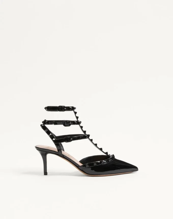 Pantofi cu toc Rockstud din piele lăcuită, cu curele și ținte asortate, 65 mm