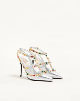 Pantofi decolete Rockstud din piele nappa laminată cu cabochon și cristale 100 mm Pantofi decolete Rockstud din piele nappa laminată cu cabochon și cristale 100 mm