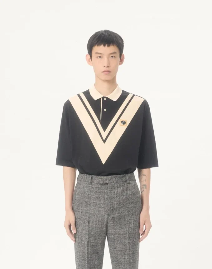 Polo din bumbac Valentino cu V încrustat și patch brodat cu panteră