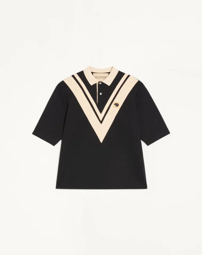 Polo din bumbac Valentino cu V încrustat și patch brodat cu panteră