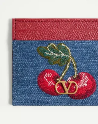 Portcard din denim cu logo și broderie Cherryfic