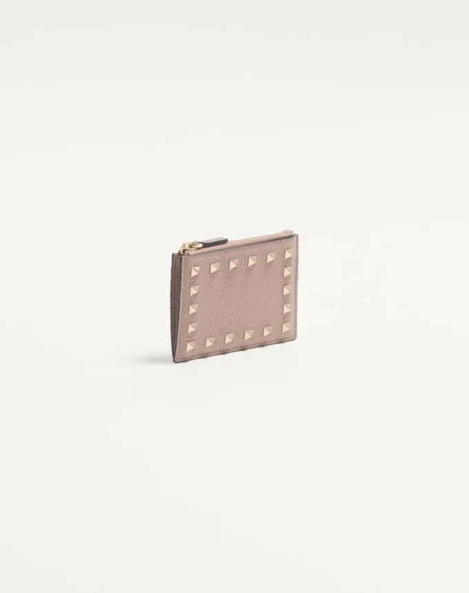 Portcard Rockstud din piele de vițel granulată cu fermoar