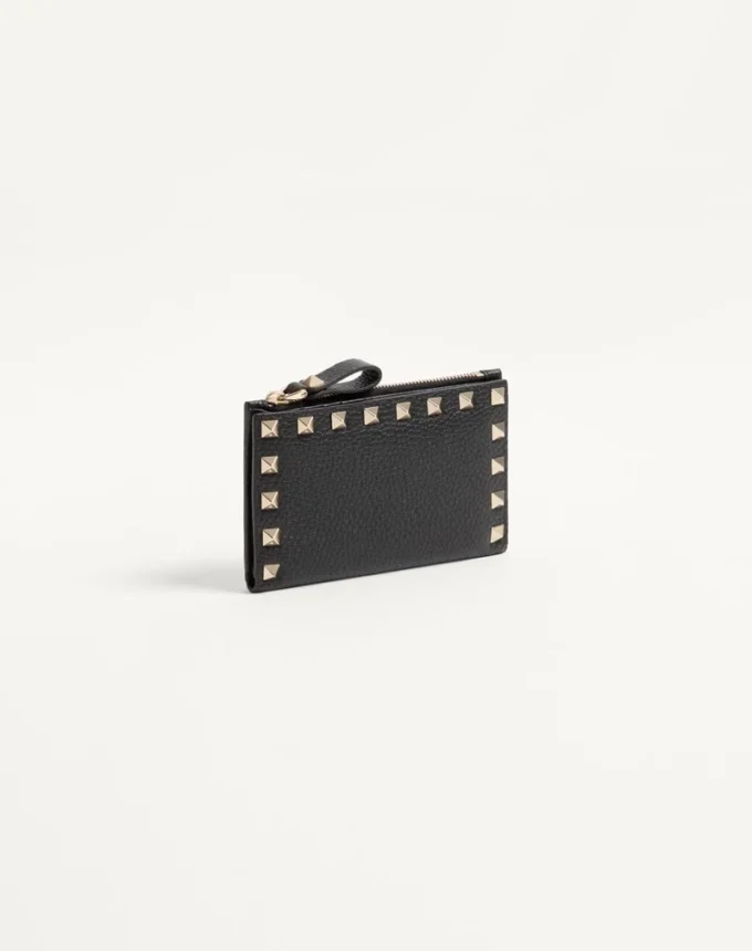 Portcard Rockstud din piele de vițel granulată cu fermoar