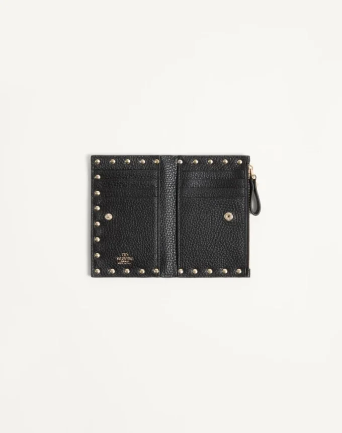 Portcard Rockstud din piele de vițel granulată cu fermoar