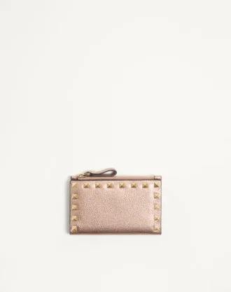 Portcard Rockstud din piele de vițel laminată cu fermoar