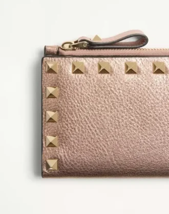 Portcard Rockstud din piele de vițel laminată cu fermoar