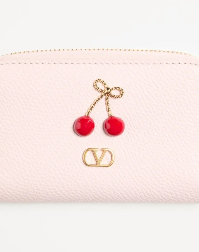 Portofel mini Cherryfic cu fermoar din piele de vițel granulată Portofel mini Cherryfic cu fermoar din piele de vițel granulată