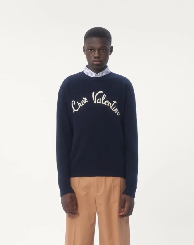 Pulover din lână cu guler rotund și broderie Chez Valentino Pulover din lână cu guler rotund și broderie Chez Valentino