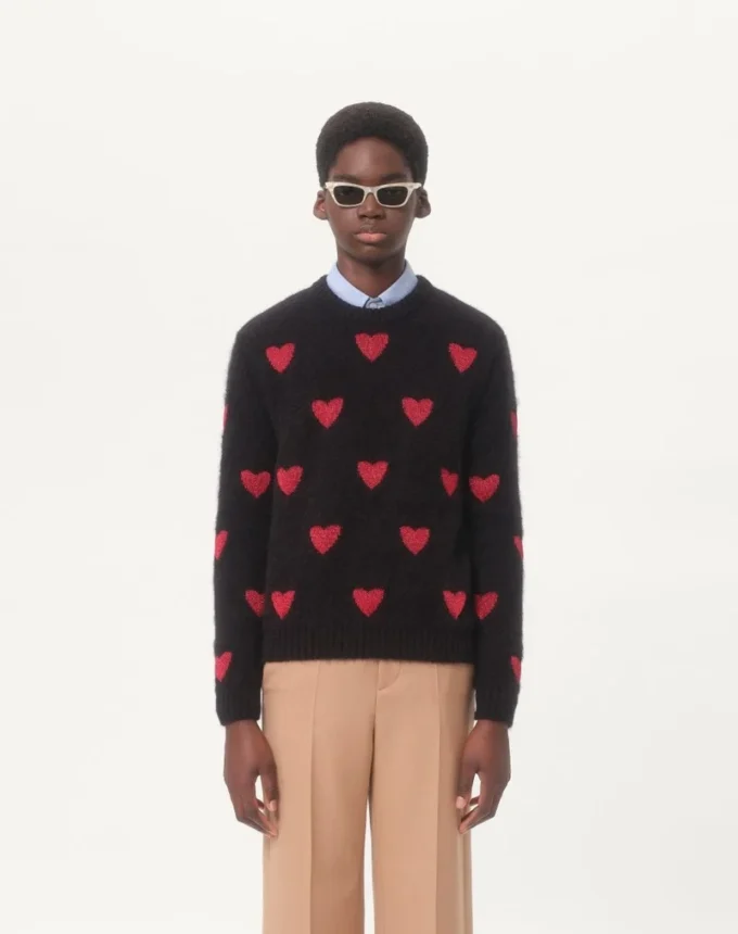 Pulover din lână mohair și lurex cu model jacquard în formă de inimă Pulover din lână mohair și lurex cu model jacquard în formă de inimă