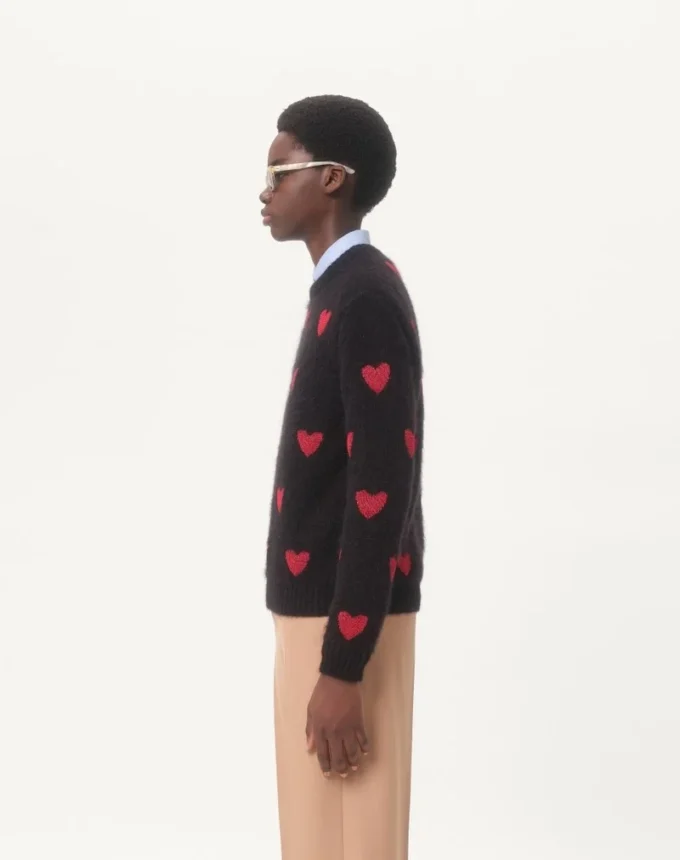 Pulover din lână mohair și lurex cu model jacquard în formă de inimă Pulover din lână mohair și lurex cu model jacquard în formă de inimă