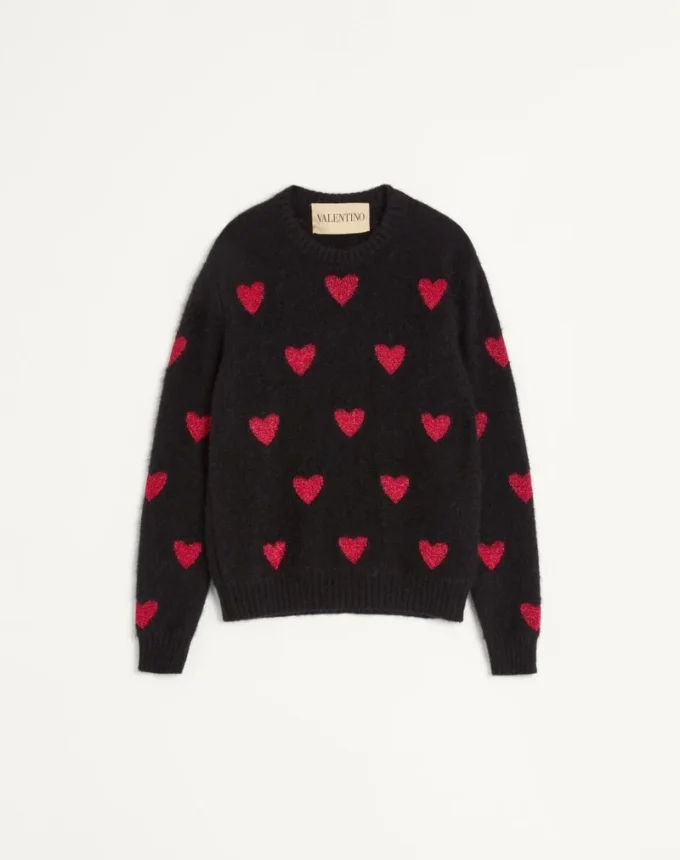 Pulover din lână mohair și lurex cu model jacquard în formă de inimă Pulover din lână mohair și lurex cu model jacquard în formă de inimă