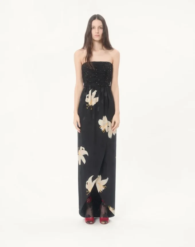 Rochie lungă din crep de Chine jacquard Apres L’Hiver Lilium Rochie lungă din crep de Chine jacquard Apres L’Hiver Lilium