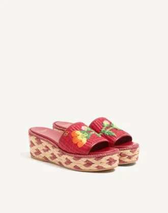 Sandale cu platformă din rafie Bribri cu broderie florală 65 mm