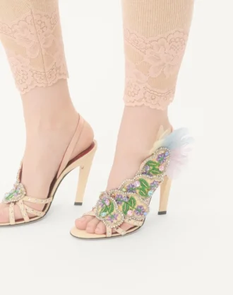 Sandale Dans Le Foyer din țesătură moiré cu broderie florală și pene 105 mm