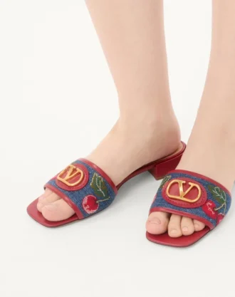 Sandale din denim Vlogo Signature cu broderie Cherryfic 20 mm