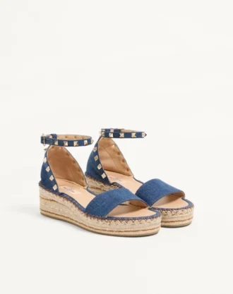 Sandale Rockstud Double Flatform din denim 55 mm
