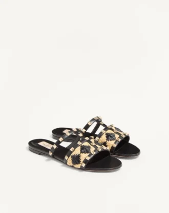 Sandale Rockstud Slide cu broderie din rafie în carouri