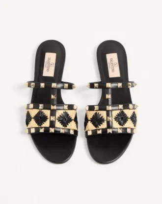 Sandale Rockstud Slide cu broderie din rafie în carouri