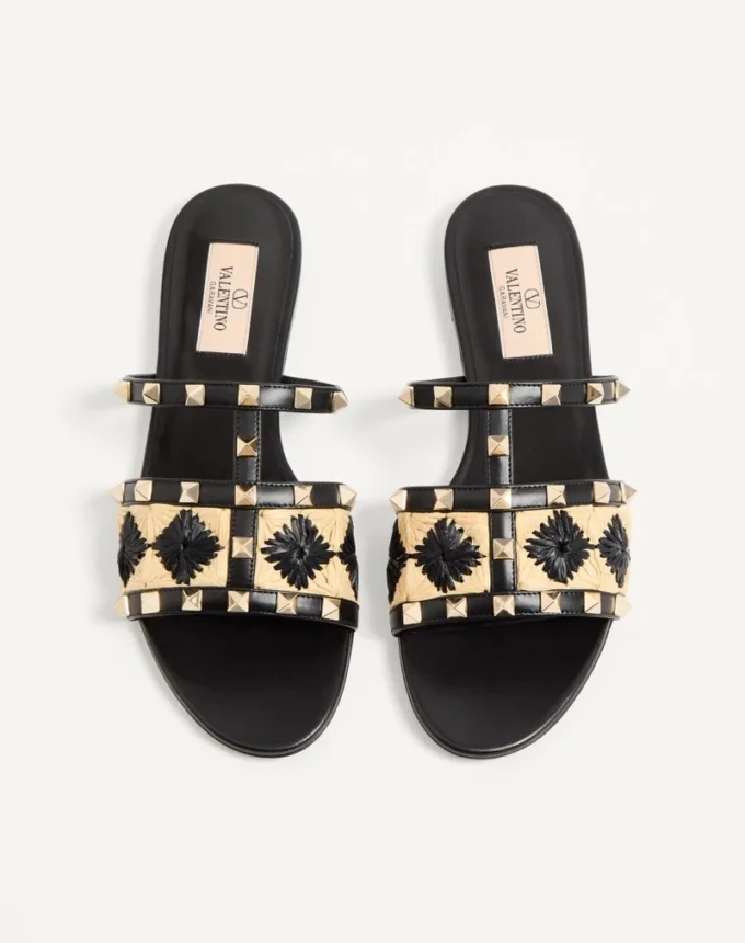 Sandale Rockstud Slide cu broderie din rafie în carouri