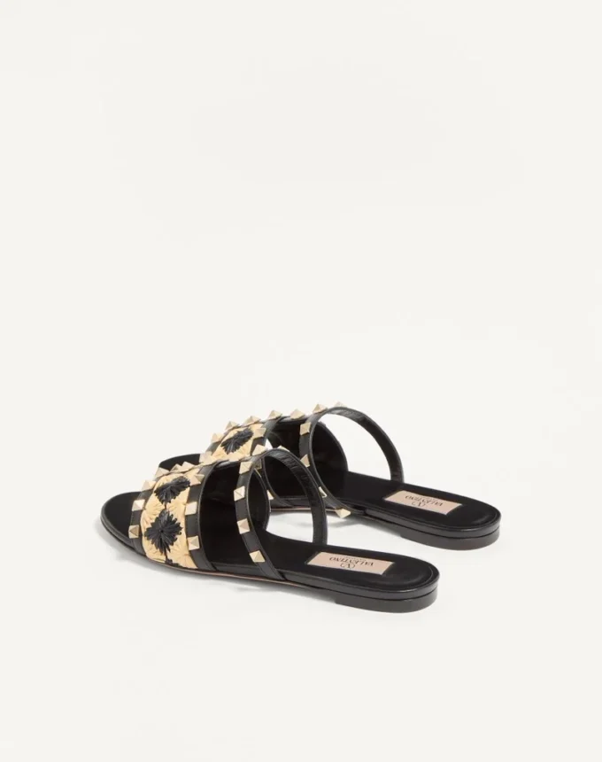 Sandale Rockstud Slide cu broderie din rafie în carouri