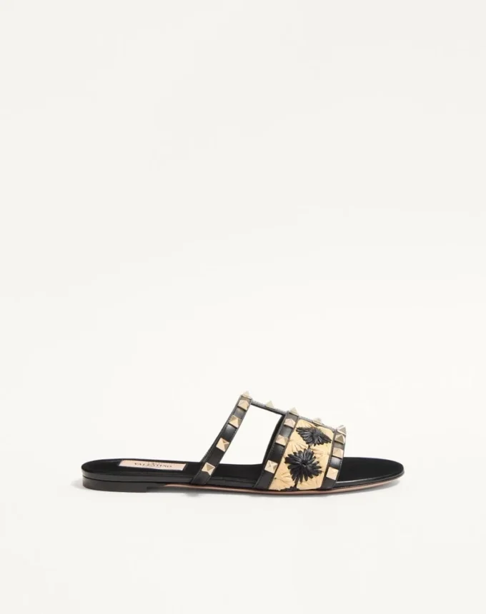 Sandale Rockstud Slide cu broderie din rafie în carouri