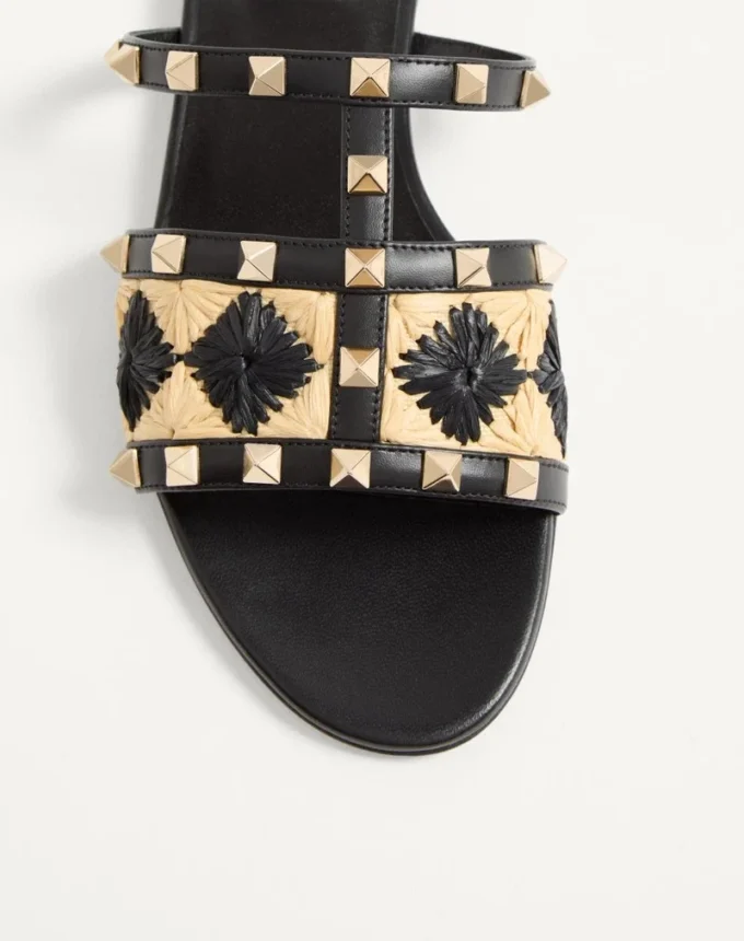 Sandale Rockstud Slide cu broderie din rafie în carouri