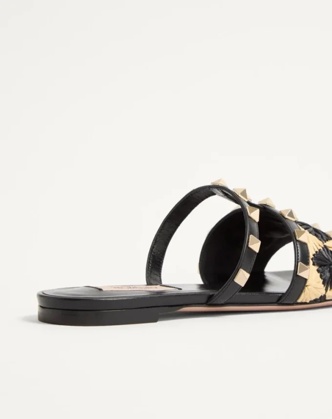 Sandale Rockstud Slide cu broderie din rafie în carouri