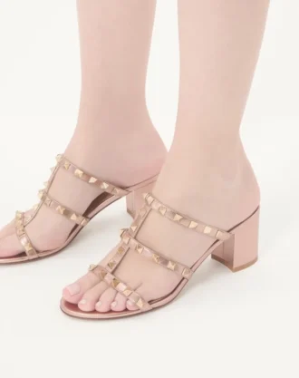Sandale Rockstud Slide din piele nappa laminată 60 mm